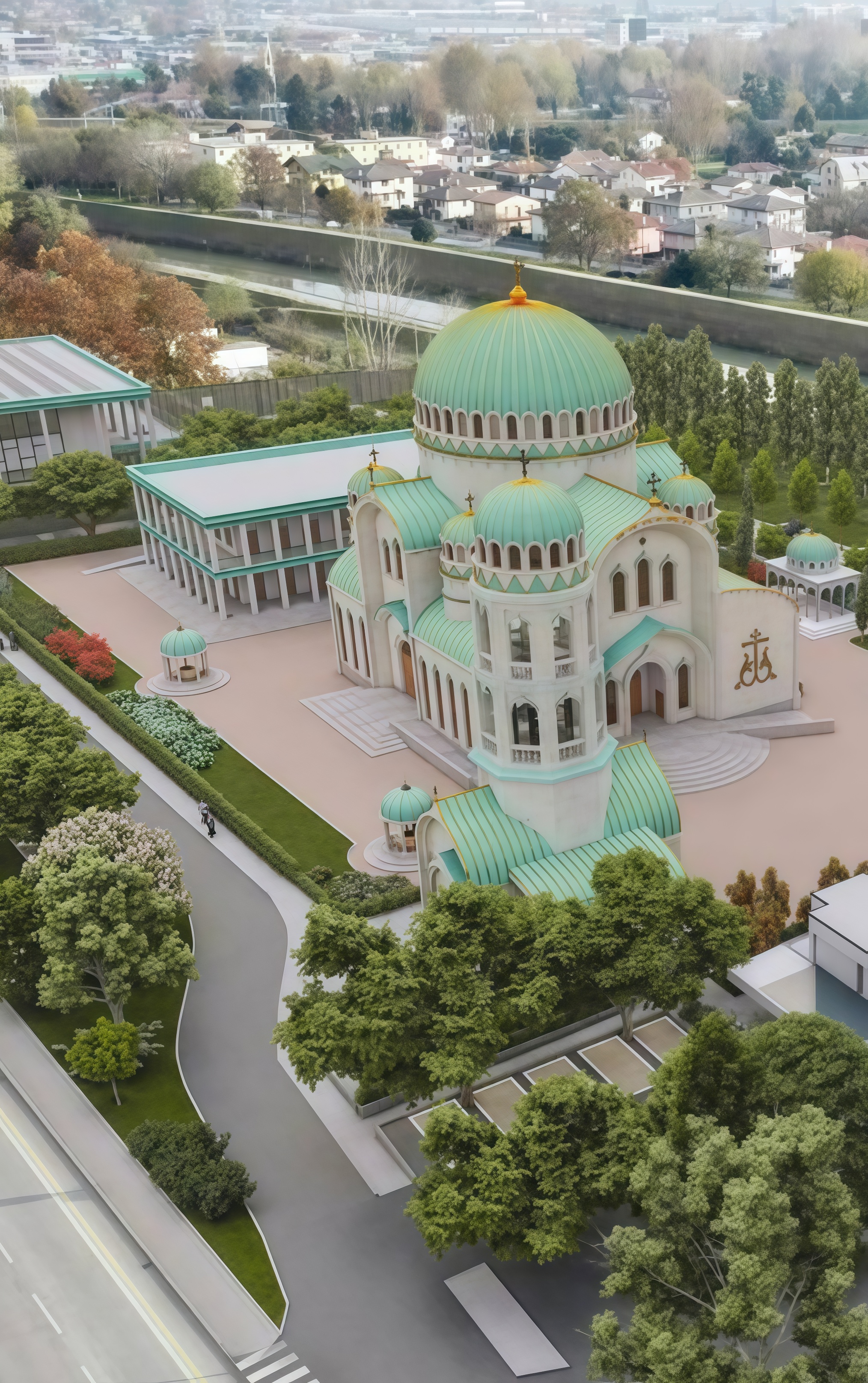 Credincioși într-o rugăciune în aer liber lângă șantier